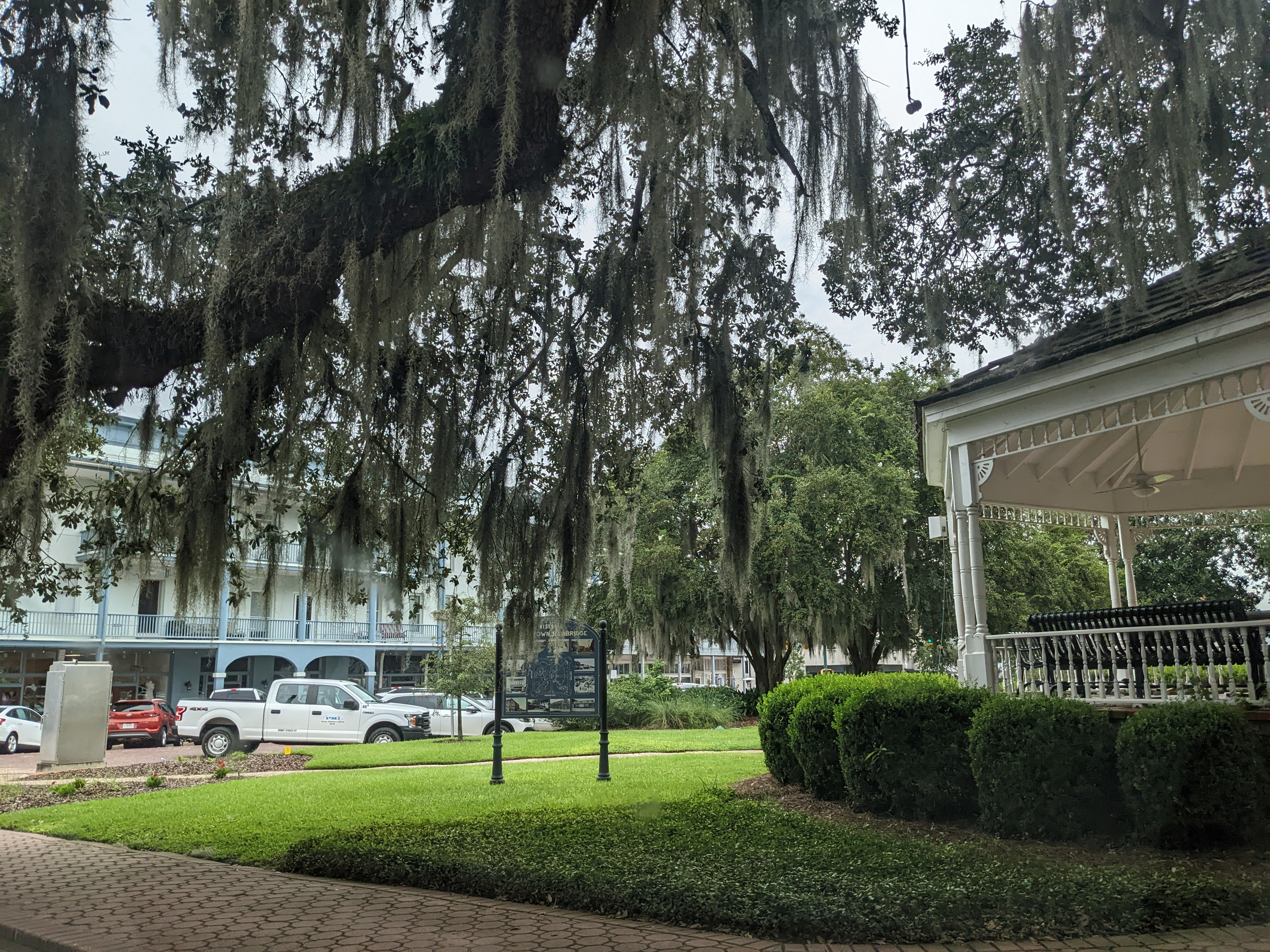 Storefronts along the sidewalk in historic Stone Mountain Village, Georgia
